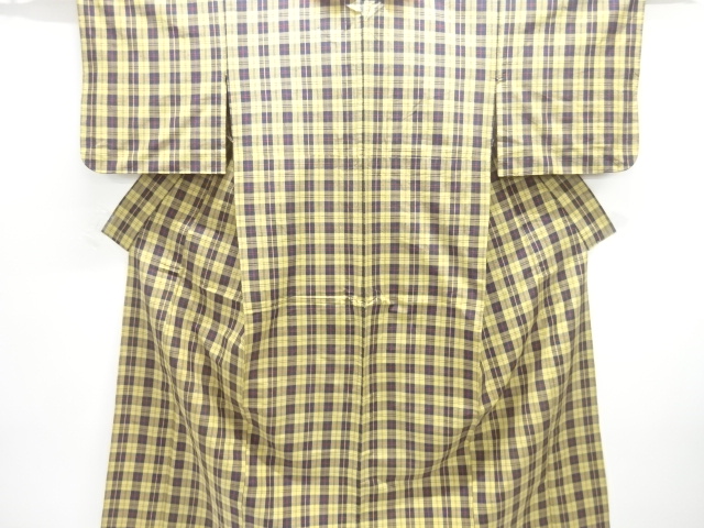 アンティーク　格子織り出し手織り紬単衣着物